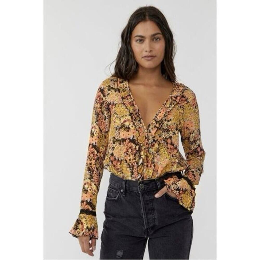 NWT Free People Heat Wave Midnight Combo Floral Black Long Sleeve Bodysuit‎